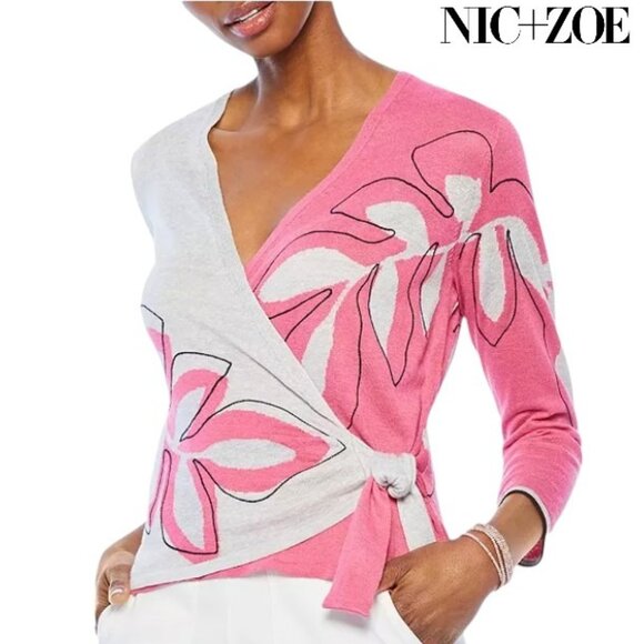 NIC + ZOE Hibiscus Tie Linen-Blend Sweater Abstract Pink & Grey | Sz XL - Picture 1 of 11